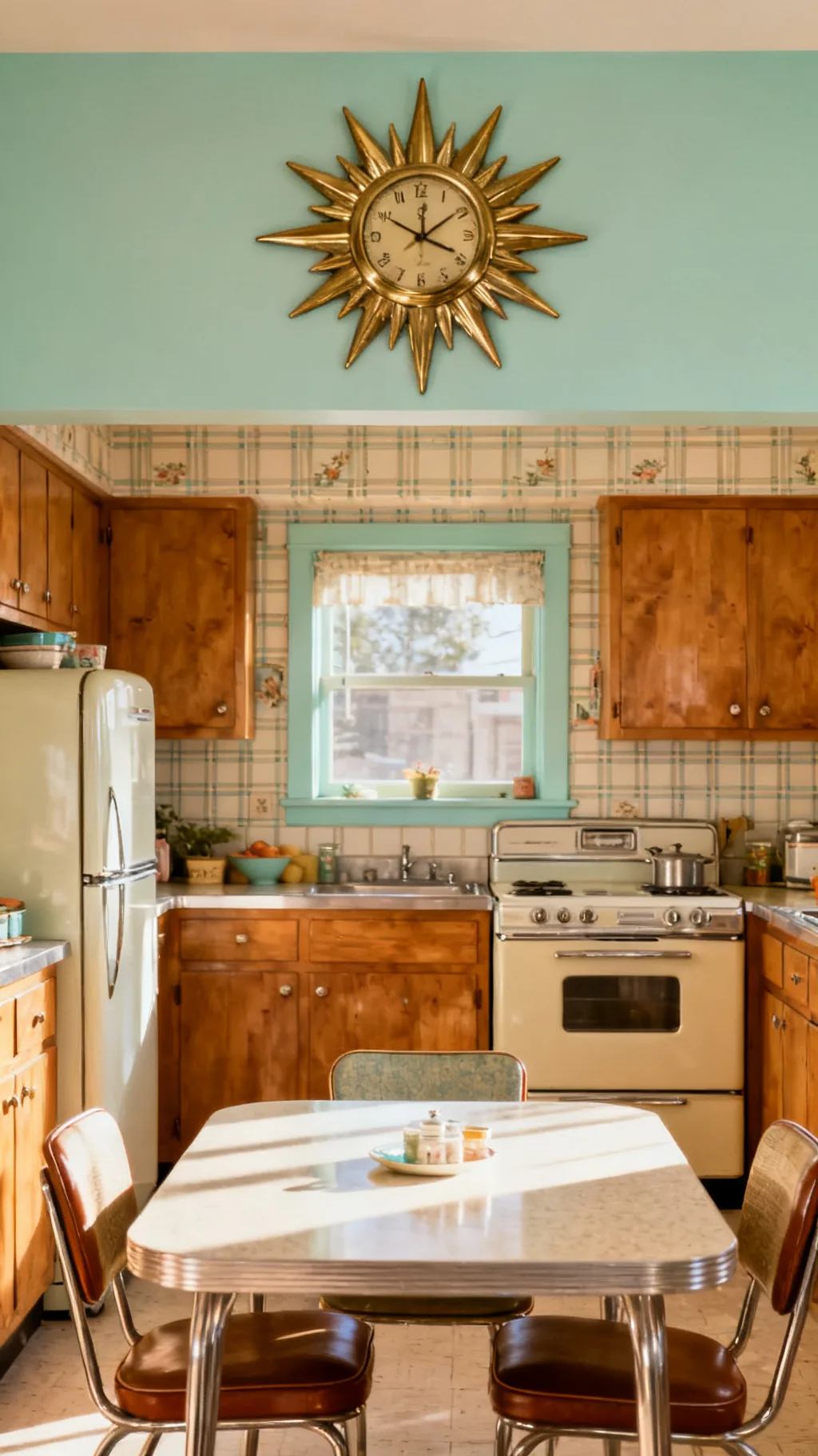 Sunburst clock in a 1950s kitchen