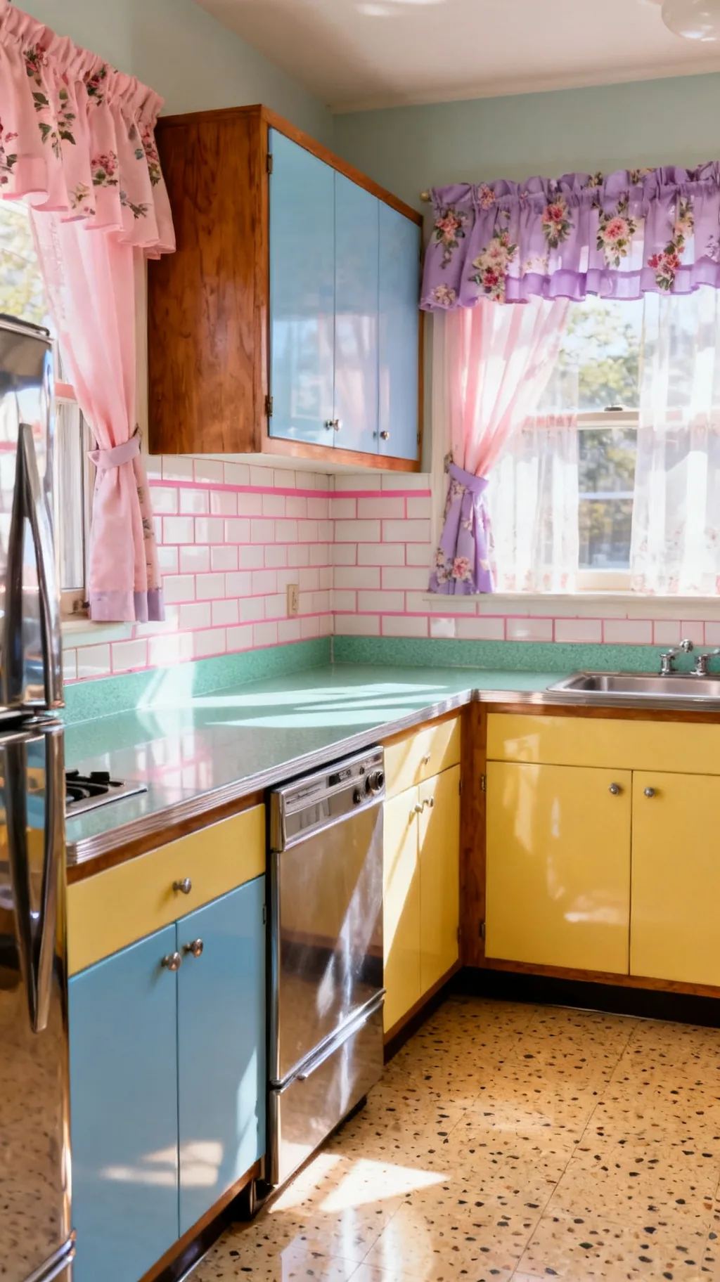 Subway tile backsplash in a 1950s kitchen