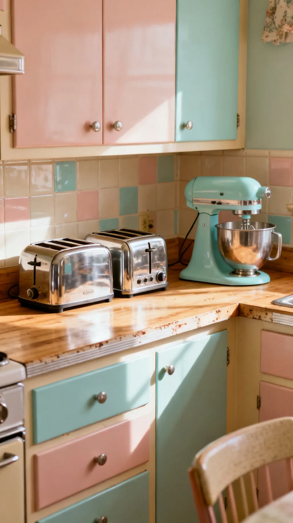 Retro toaster and mixer in a 1950s kitchen