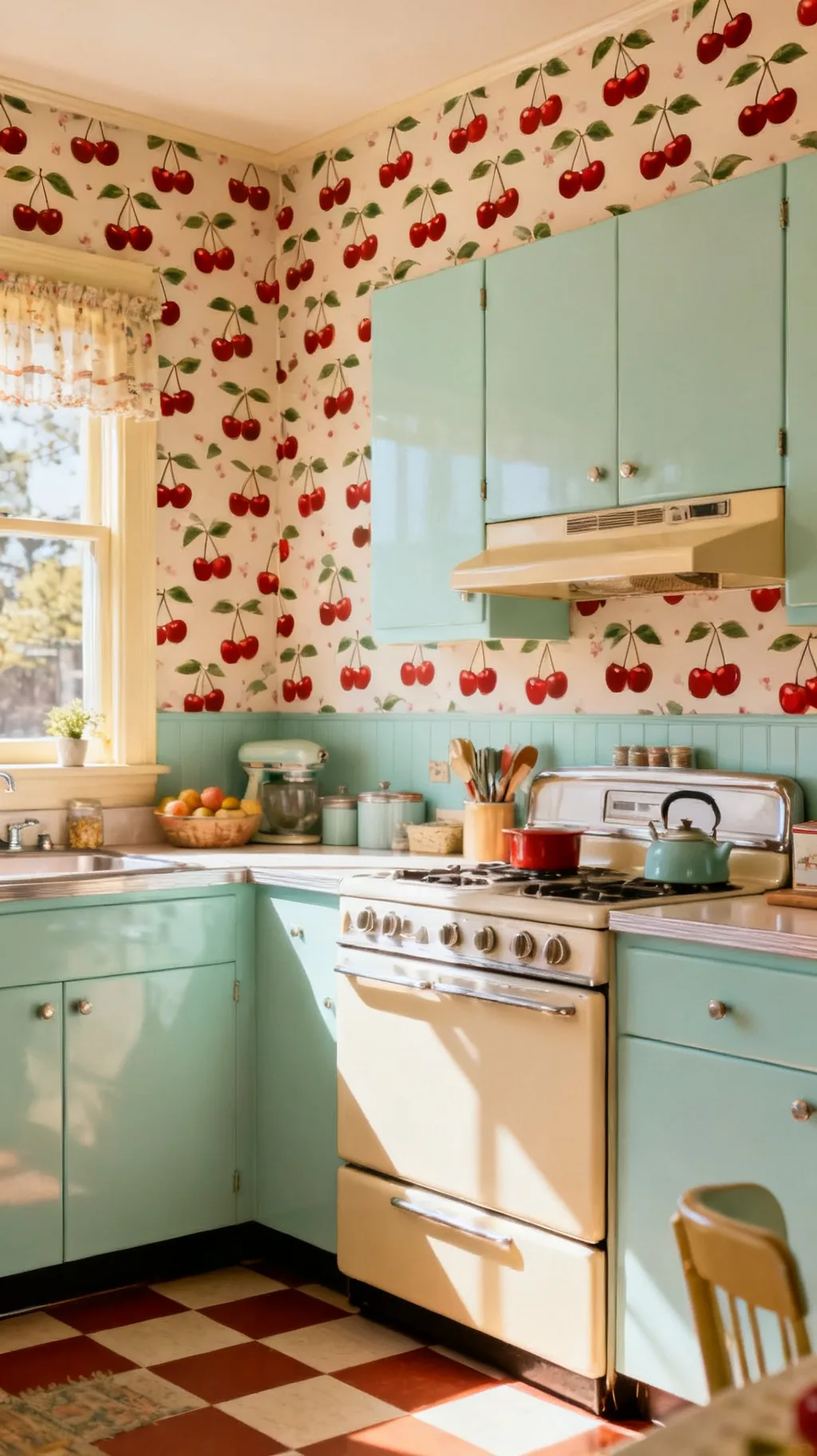 Patterned wallpaper in a 1950s kitchen