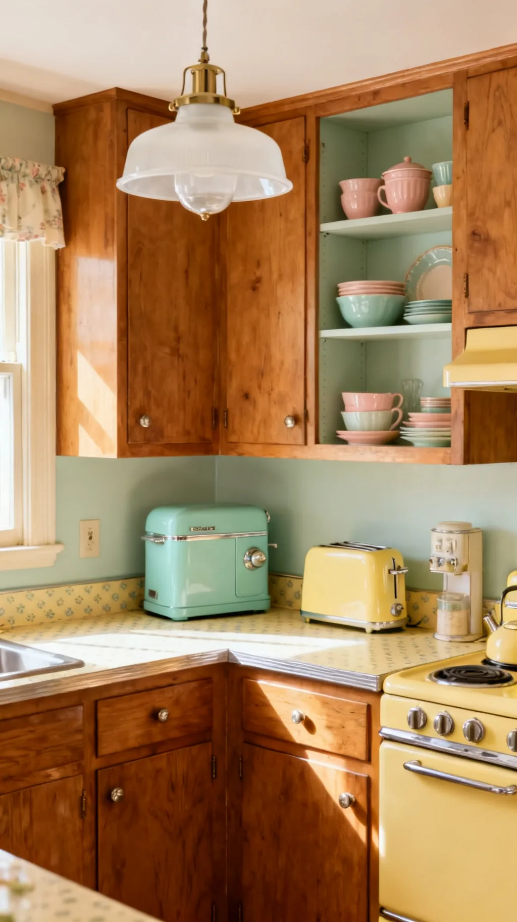 Schoolhouse pendant lighting in a 1950s kitchen
