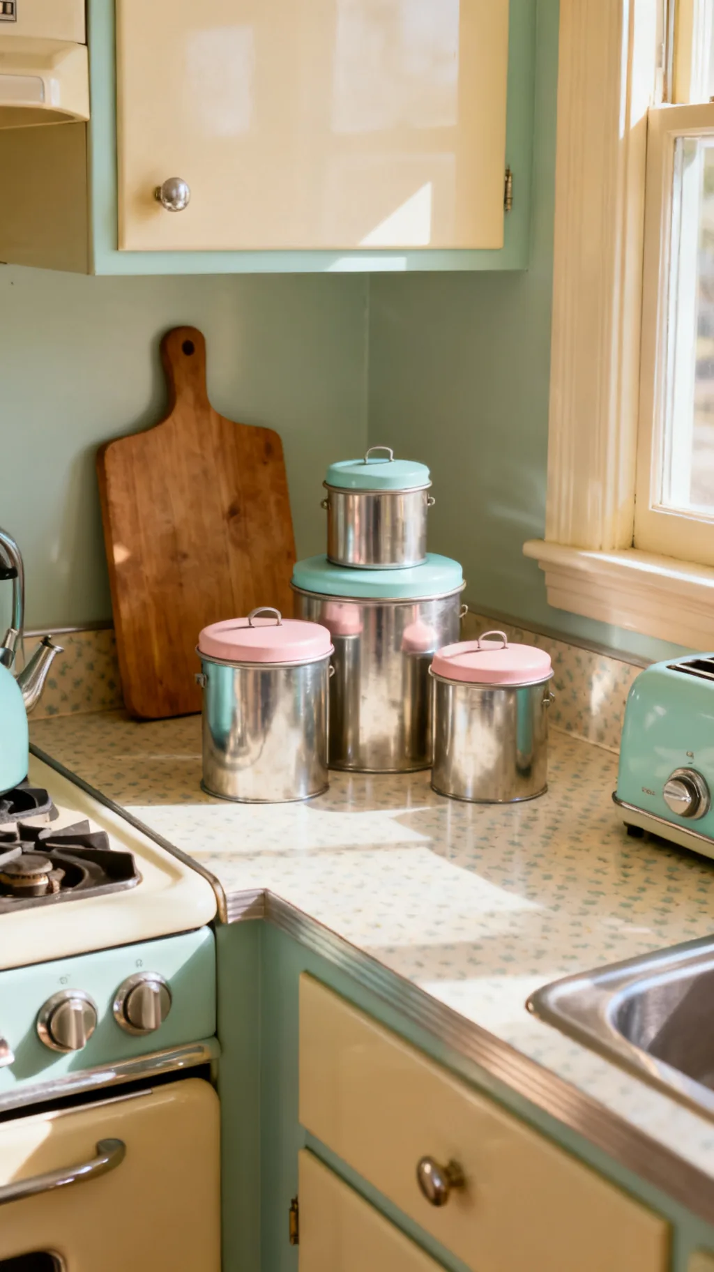 Retro canisters in a 1950s kitchen