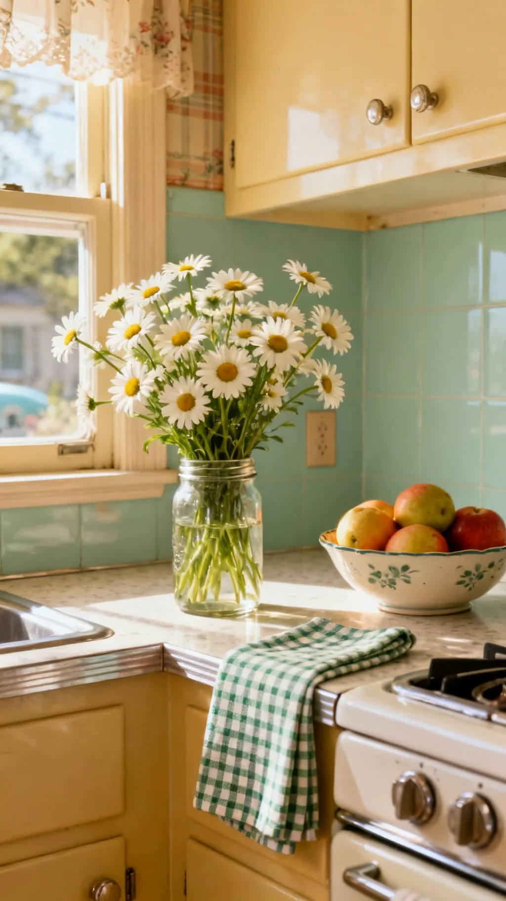 Fresh flowers and everyday charm in a 1950s kitchen