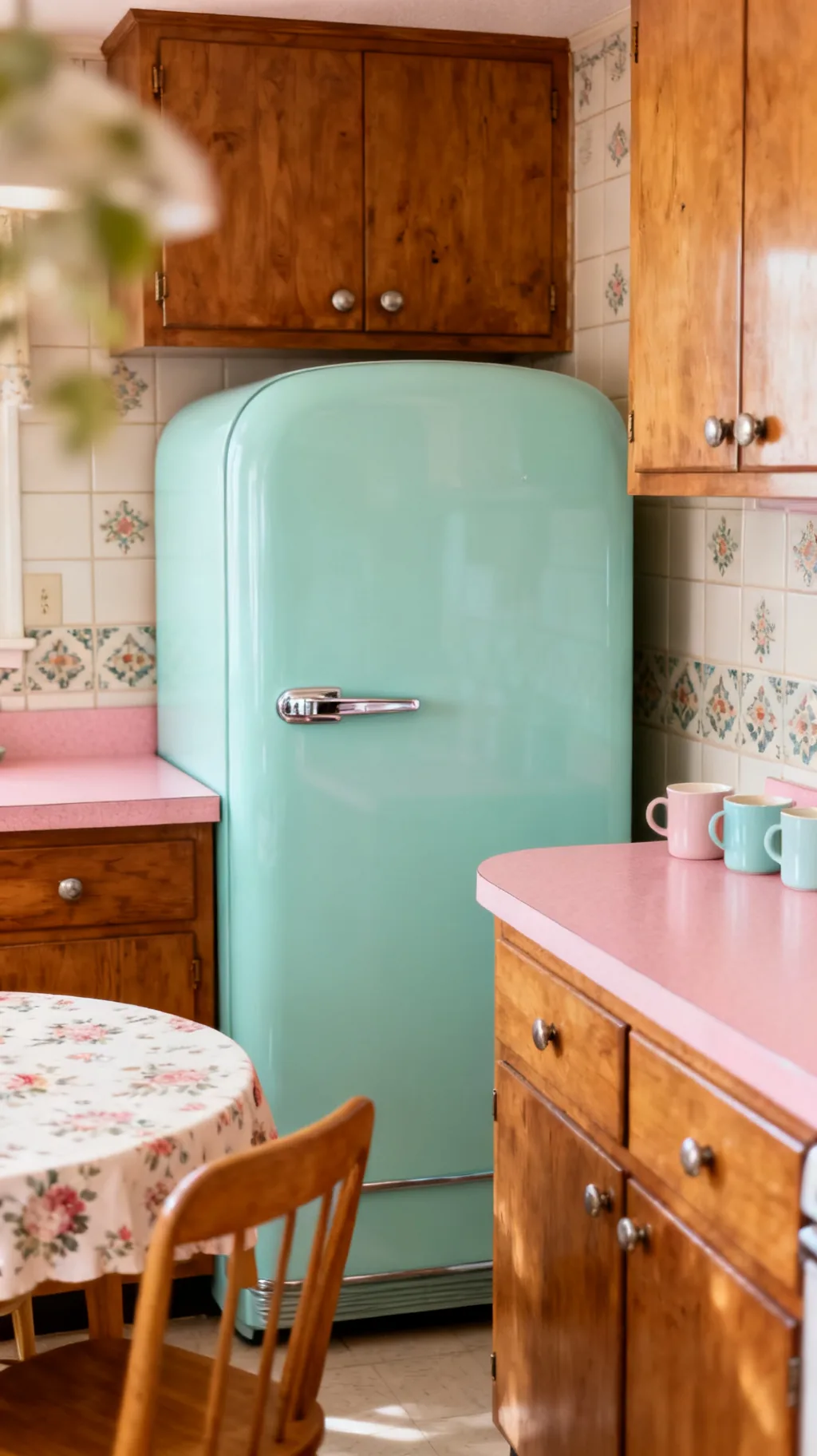 Pastel retro refrigerator in a 1950s kitchen