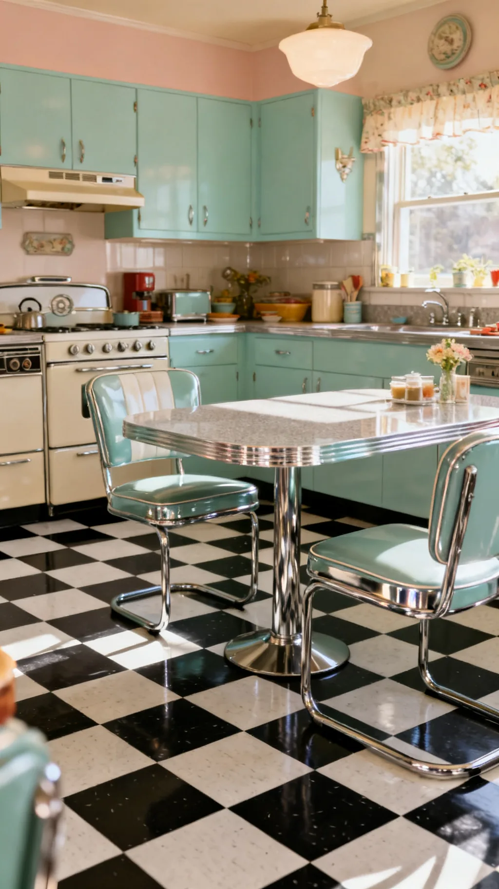 Checkerboard floor in a 1950s kitchen