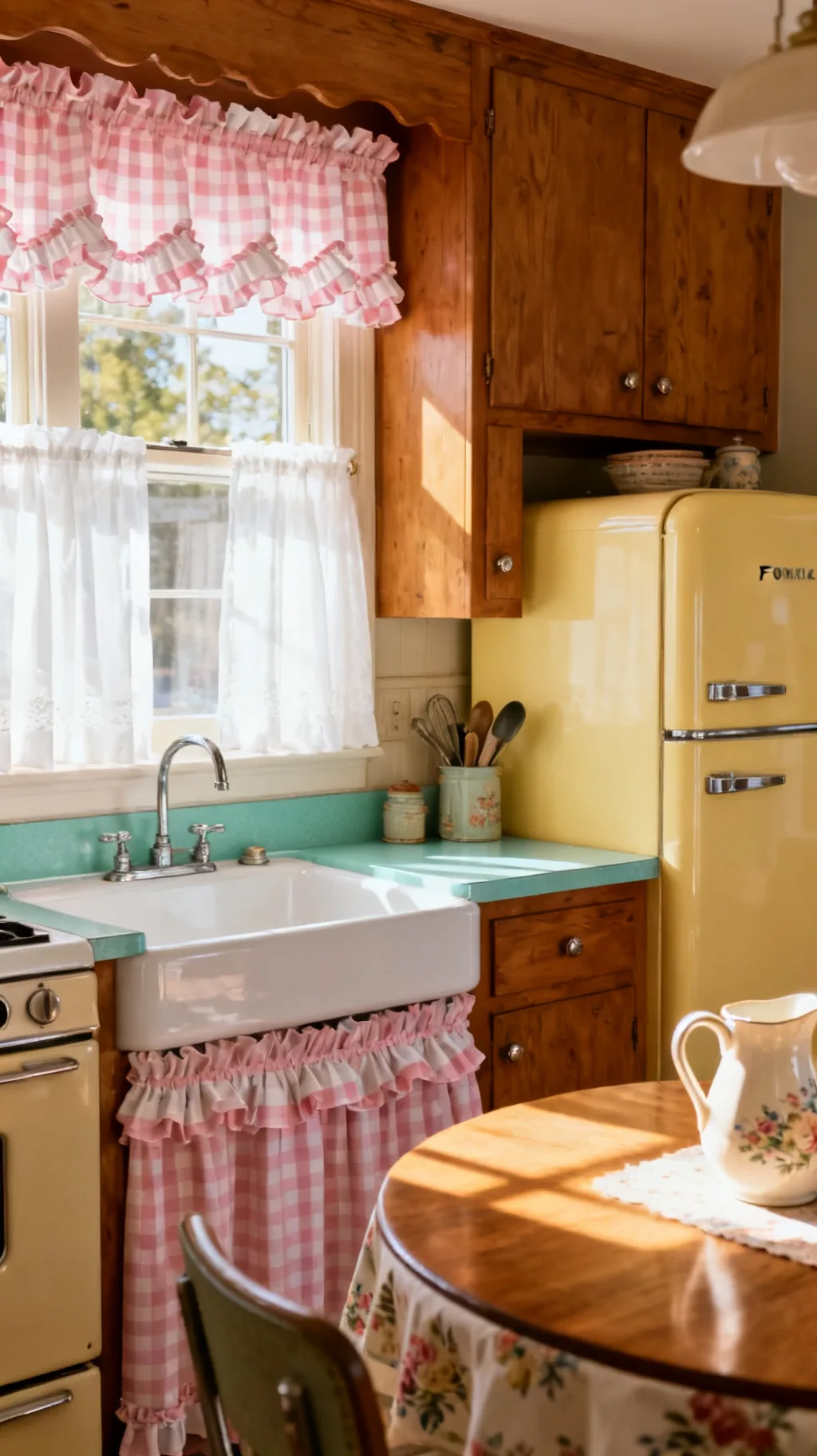 Gingham cafe curtains in a 1950s kitchen