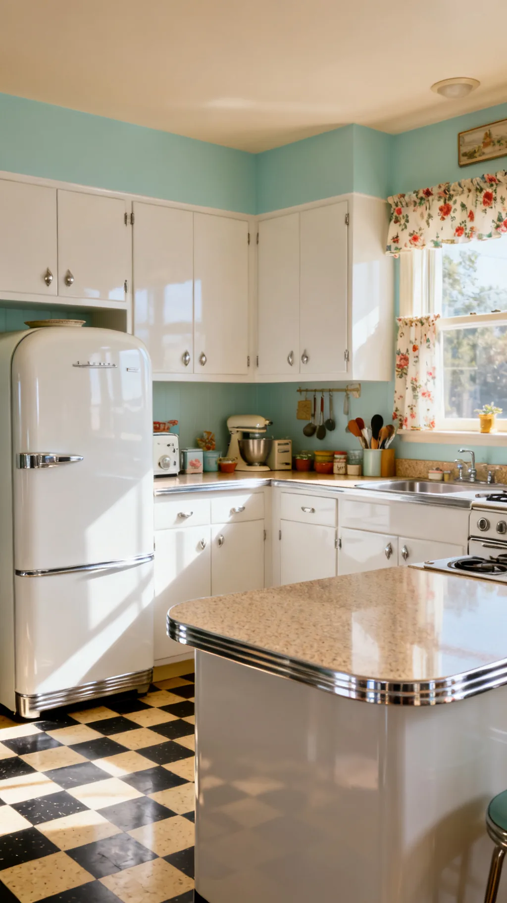 Glossy steel cabinets in a 1950s kitchen