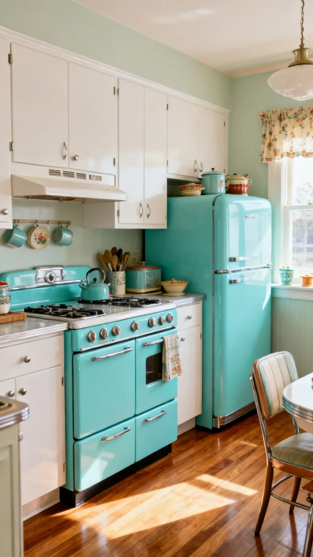 Turquoise appliance suite in a 1950s kitchen