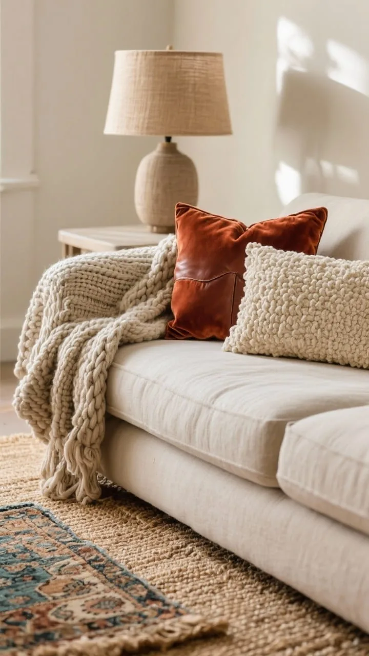 Closeup detail shot: a neutral-toned living room sofa styled with layered textures, chunky knit throw draped over the arm, a rust velvet pillow, and a small leather or cream boucle accent cushion. In the foreground, a jute rug is visible beneath a smaller vintage patterned rug layered on top. Soft, warm natural light; linen or burlap lampshade on a table lamp in the background, emphasizing tactile contrasts of knit, velvet, leather/boucle, linen, jute, and worn vintage weave.
