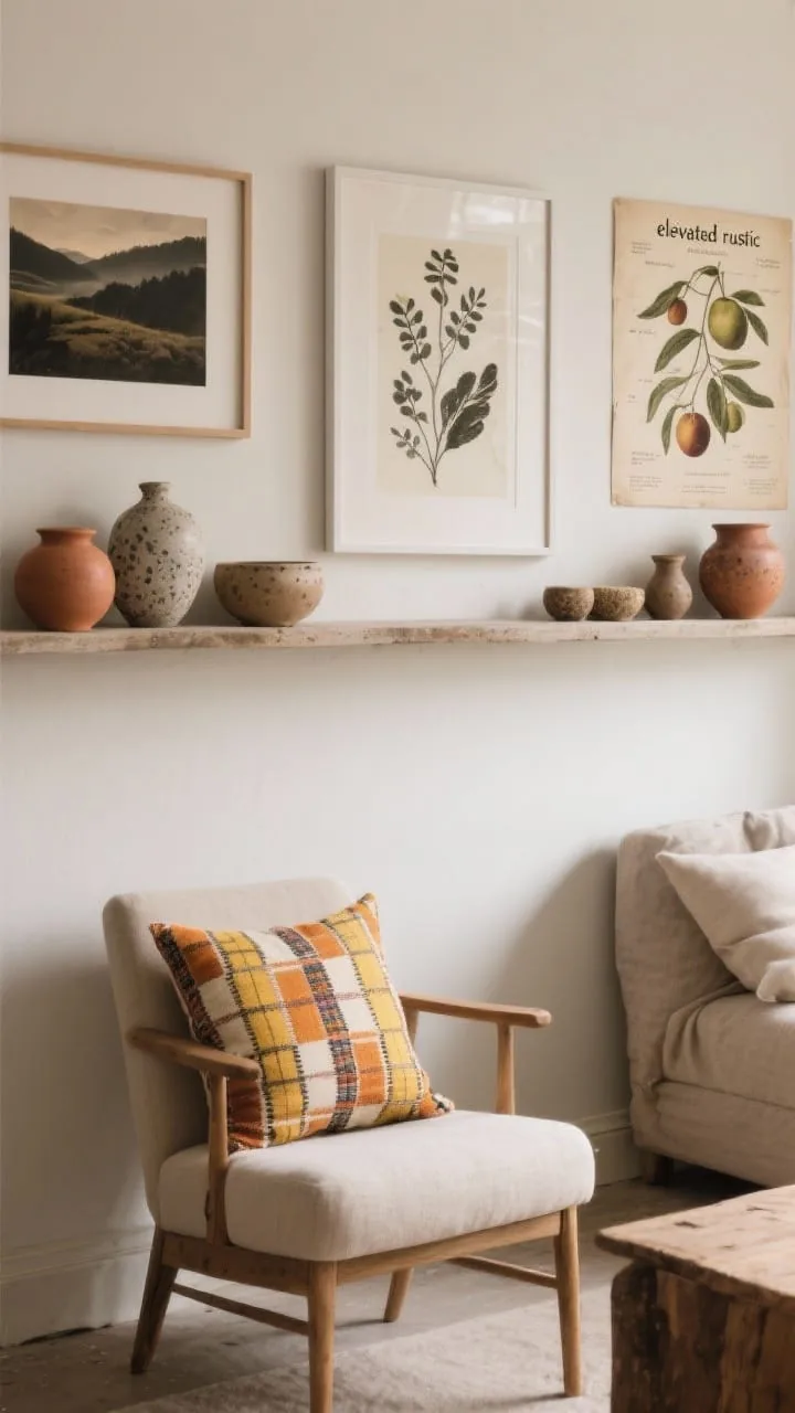 Medium shot of a living room wall and shelf showcasing subtle seasonal art and accents: downloadable prints in simple frames, moody landscape, abstract botanicals, and a vintage fruit diagram; a swap of a bright summer cushion for a kilim or plaid pillow on a neutral chair; ceramics rotated to matte, earthy pieces in stone, terracotta, and speckled glaze on a shelf. Overall “refined rustic” feel with soft, diffused natural light. No overt seasonal signage.