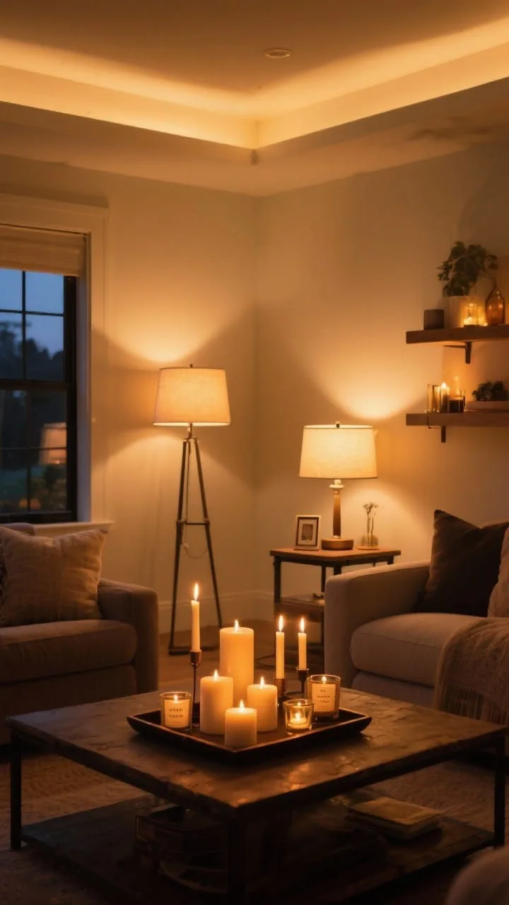 Wide shot evening scene: a living room with a warm, layered lighting scheme, overhead lights off, two table lamps and one floor lamp using 2700K warm bulbs, plus grouped candles on a tray on the coffee table (mix of taper, pillar, and votive at varied heights). Include a small cluster of flameless candles with a subtle timer glow on a shelf. Add scented candle labels or hints like cedar, chai, sandalwood, smoky vanilla. The room feels golden-hour cozy with soft pools of light.