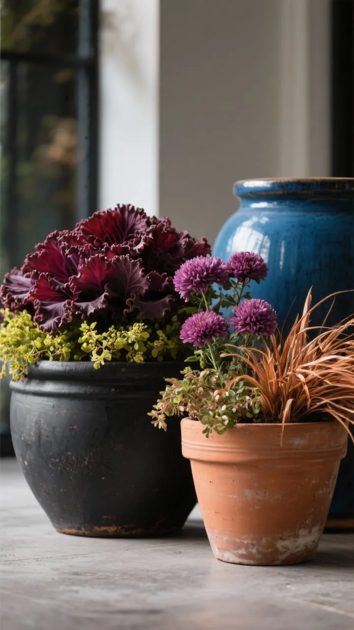 Photorealistic closeup detail of a jewel-tone fall planter palette: matte black and aged terracotta pots filled with burgundy ornamental kale, plum asters, coppery carex, and chartreuse creeping jenny accents; include a deep blue planter in the background for contrast; shallow depth of field, side light enhancing rich tones and velvety foliage, focus on the interplay of burgundy + chartreuse + bronze with subtle charcoal elements