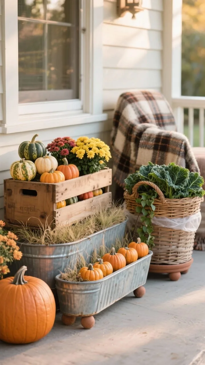 Photorealistic medium shot of unexpected containers on a porch: a vintage wooden apple crate packed with mini mums and stacked mixed gourds, a galvanized trough lined with grasses and a row of small pumpkins, and a wicker basket planted with kale and ivy with a chunky plaid blanket tucked at the back; baskets lined with plastic, containers raised on discreet pot feet; corner angle, warm late-afternoon light