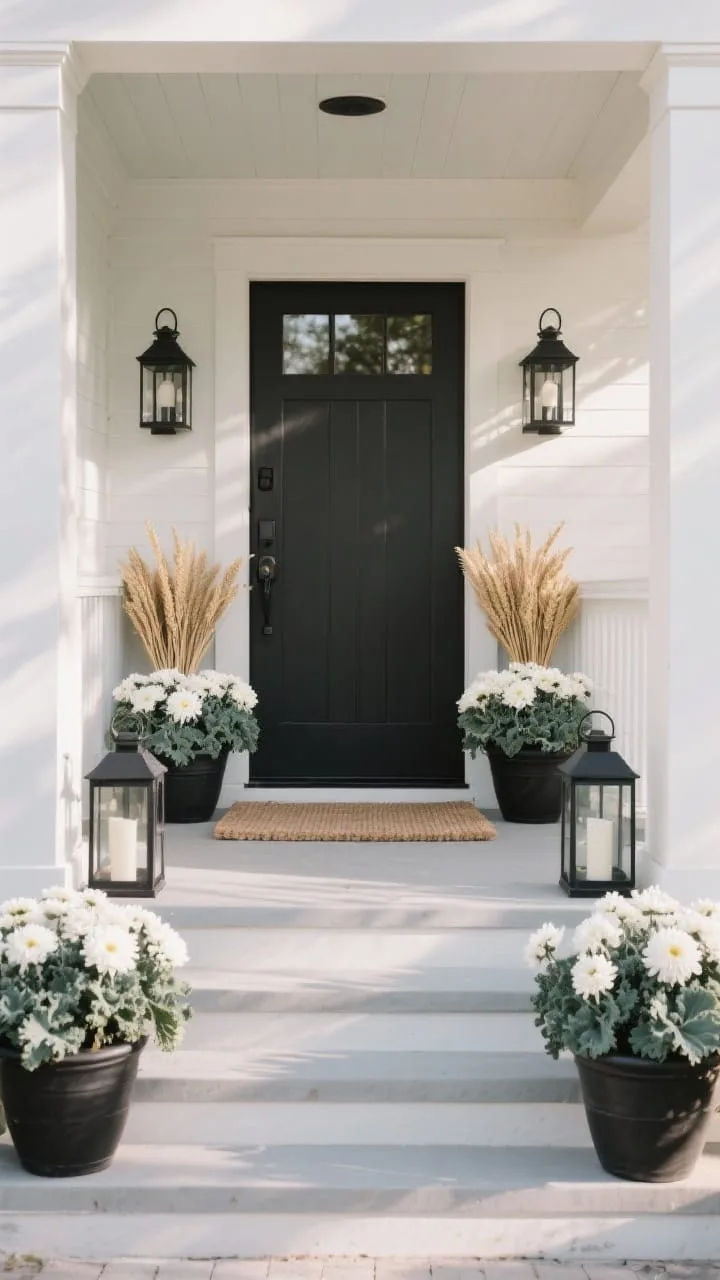 Photorealistic wide entryway vignette emphasizing repetition and a cohesive color story: Modern Farmhouse palette repeated, white mums and sage ornamental kale in black matte pots, wheat accents in matching bundles, coordinated black lanterns and a neutral coir doormat; straight-on porch view with symmetrical repetition across steps, cool morning light creating a calm, curated look