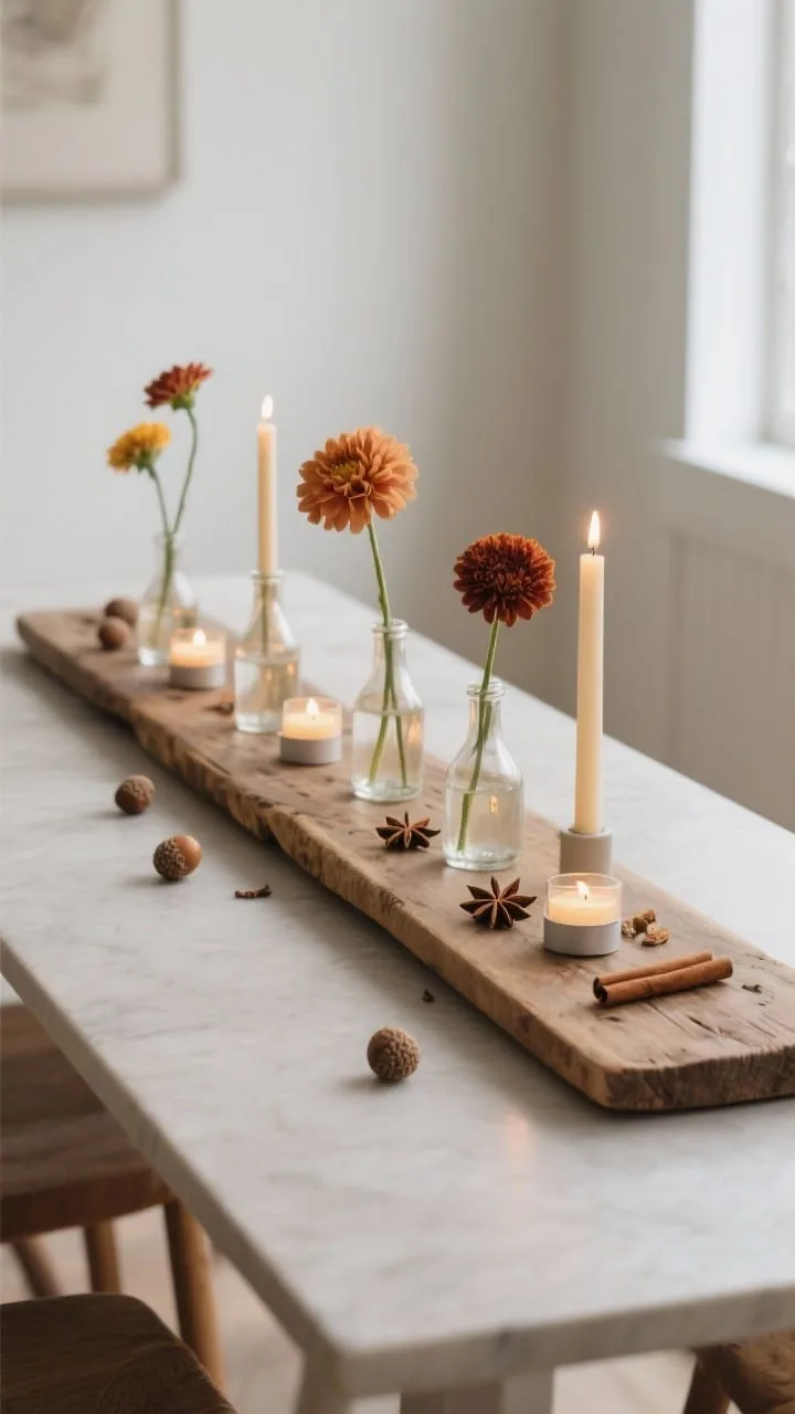 Medium shot, side angle of a narrow table with a long rustic breadboard as the platform. Repeating elements: three to five small bud vases evenly spaced, each holding a single stem, dahlias, mums, or marigolds in rich fall tones. Between vases, low-profile tea lights and slim taper candles in minimal holders. Natural accents of star anise, cinnamon sticks, and a few acorns scattered along the board. Clean, modern, unfussy feel; soft warm glow, photorealistic, no people.