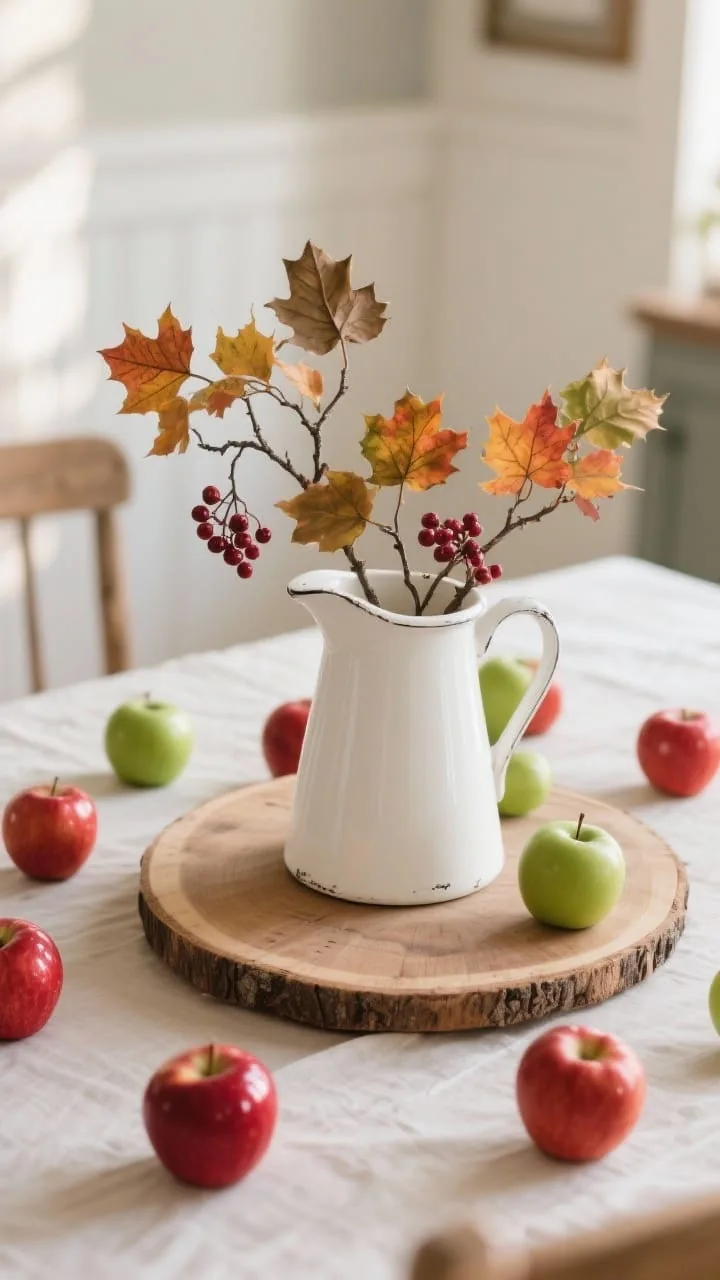 Medium shot, slightly elevated angle of a simple white vintage pitcher on a round wood board base at the center of the table. The pitcher holds branches with fall color, maple or oak cuttings, with a couple faux berry stems. Around the base, a casual scatter of shiny red apples for bold contrast against the white pitcher; a few green apples can be included for balance. Natural afternoon light, farmhouse-romance vibe, photorealistic, no people.