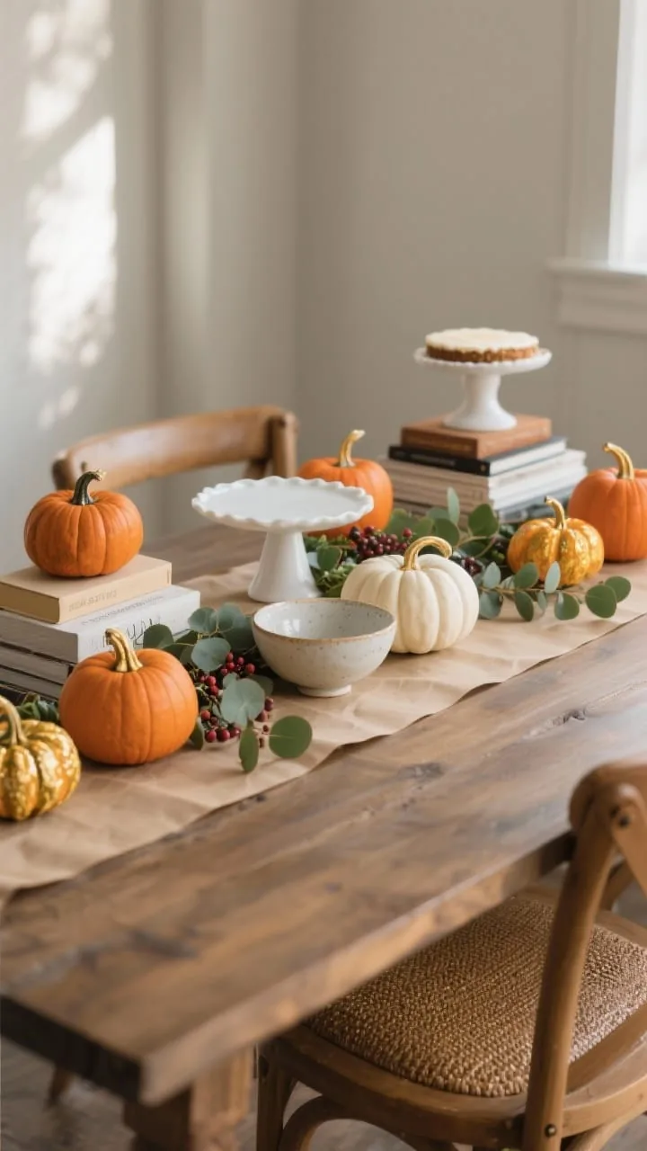 Medium shot, straight-on view of a dining table styled with a kraft paper runner base, an artful mix of mini pumpkins in classic orange, white Casper, and a few quirky greens. Vary heights with stacked books, a white cake stand, and an upside-down ceramic bowl hidden beneath a couple pumpkins. Eucalyptus sprigs and berry branches tuck between pumpkins, with a few pumpkin stems subtly brushed in gold paint for a gentle shimmer. Soft afternoon natural light, photorealistic, no people, cozy chic mood.