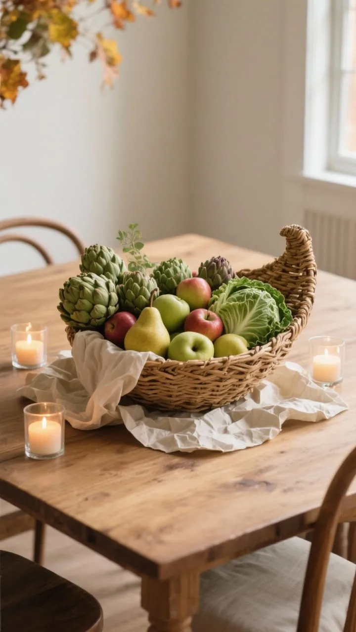 Wide shot, corner angle of a wooden dining table featuring a woven basket centerpiece overflowing like a modern cornucopia. Inside: apples, pears, artichokes, and ornamental cabbages arranged over a crumpled paper base to lift the contents. Linen or gauzy fabric is woven through for softness. A tight palette of greens and creams sets the tone. At the basket edges, glass votive candles glow warmly (safely positioned). fall daylight with a warm tint, photorealistic, no people.