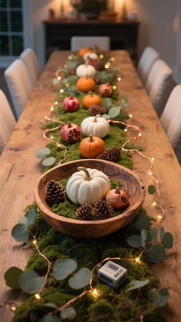 Wide shot, overhead perspective of a long dining table featuring a carved wooden dough bowl centerpiece. Base layer of soft green faux eucalyptus and moss. Core pieces: mini pumpkins in white and muted orange, pinecones, and dried pomegranates scattered throughout. Copper fairy lights woven discreetly with the battery pack tucked underneath, creating a gentle twinkle. Center kept lower than the edges for sightlines. Evening setting with warm ambient light, photorealistic, no people.