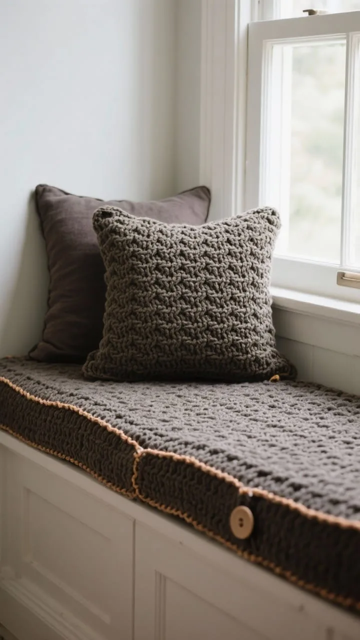 Photorealistic closeup of a window seat cushion covered with a fitted crochet cushion cover in a tight linen or moss stitch (or herringbone half-double crochet) for structure; darker base color like walnut or slate with contrasting piping edge; button flap closure visible along one side; reinforced corners with subtle thicker whipstitching; layered with a matching lumbar pillow; soft natural daylight from the window, no people