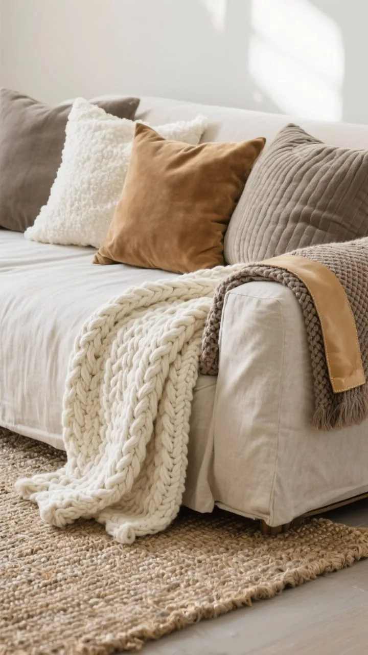 Closeup detail shot: A minimalist living room vignette focusing on layered textures, an oat-colored linen slipcovered sofa with a chunky cream cable-knit throw and a taupe waffle-weave throw folded over the arm, pillows in ivory bouclé, warm suede, and ribbed velvet in stone, against a natural jute/wool flatweave rug; neutral palette of oat, stone, cream, taupe; soft morning natural light grazing the fabrics to highlight weave and nap; keep the scene uncluttered with only 3–4 textures visible, featuring a small accent of buttery leather peeking from a pillow edge; straight-on angle tightly framed to emphasize texture without visual noise.