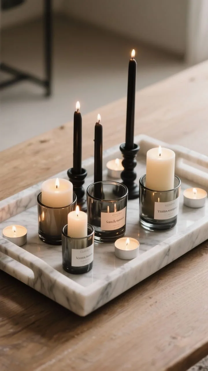 Detail/overhead tray shot: A marble tray styled with a candle landscape, mixed heights including matte black tapers in smoked glass holders, creamy pillar candles, and scattered tea lights; subtle scent cues implied by labeled candles (vetiver, cedar, sandalwood, vanilla-tonka); soft, warm ambient lighting with candle glow as primary light source, reflections in smoked glass adding mood; neutral materials only, no bright colors; clean composition showing intentional corralling on the tray, placed on a natural wood surface; overhead perspective to highlight arrangement and rhythm of heights.