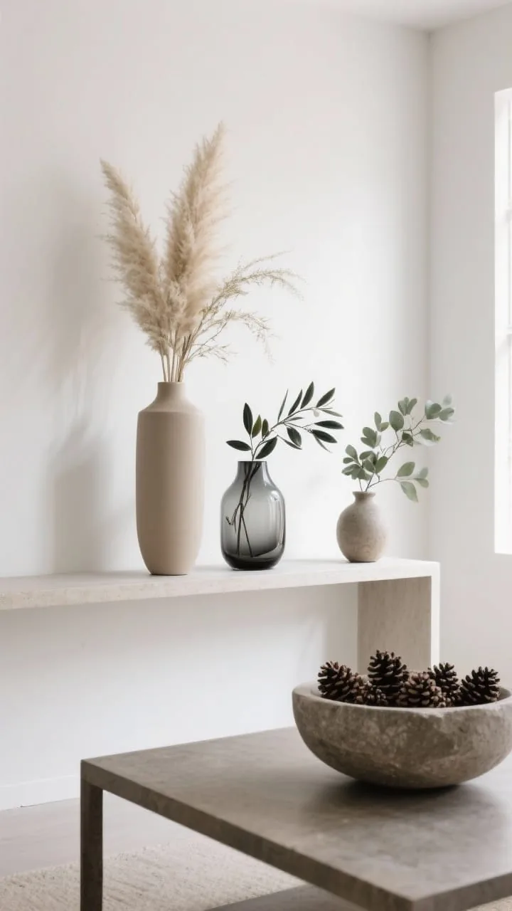 Medium shot: A minimalist console styled as a neutral stem bar, one tall matte ceramic vase in sand holding airy dried pampas and bleached ruscus, paired with a smoked-glass vessel with olive branches and a stoneware bud vase with eucalyptus; on the adjacent coffee table, a low stone bowl filled with natural pinecones; palette of ivory, sand, charcoal, and soft greens; negative space around each object, clean white wall backdrop; window light from the side for soft shadows, no harsh color; composed to feel tall and airy rather than bulky, with lots of breathing room; slight corner angle to show both console height and coffee table placement.