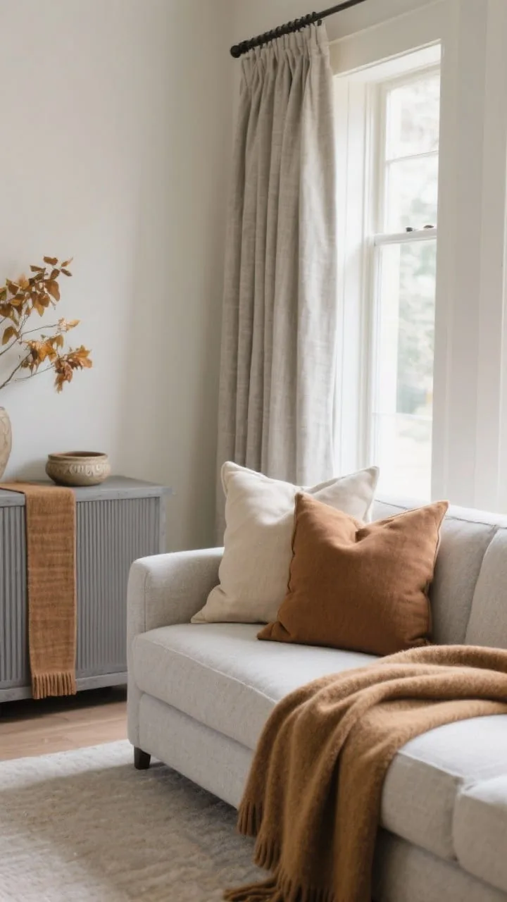 Medium shot: A serene living room corner showing micro seasonal swaps, light base palette with a stone-colored sofa and curtains, throw pillow covers in oatmeal, cocoa, and stone, a camel-toned wool/cashmere throw draped neatly; thicker flax-linen curtains in a soft greige for a heavier fall drape; entry sightline includes a ribbed runner in warm gray and a ceramic catchall on a console; two-tone palette focus (ivory + camel) for cohesion; diffuse afternoon light through the curtains; straight-on composition to emphasize the subtle contrast and calm mood.