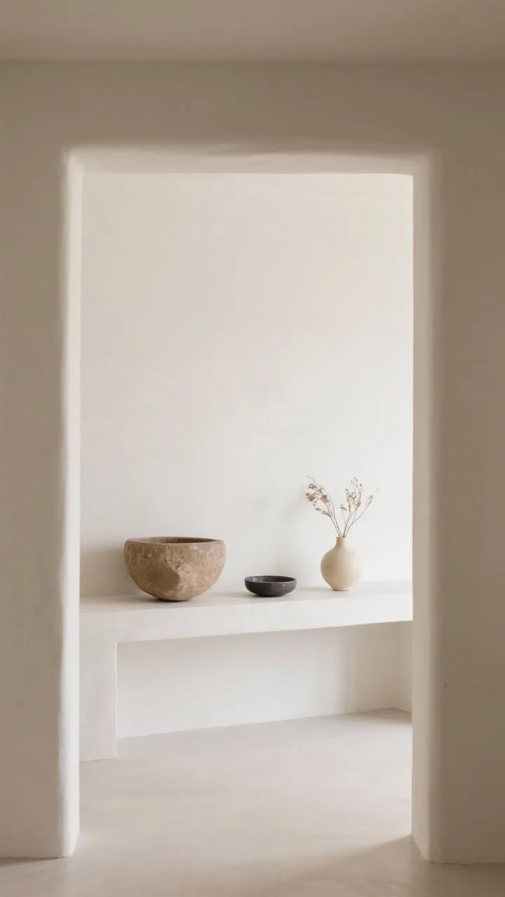 Medium shot, straight-on: A curated minimalist shelf and console demonstrating editing, one statement piece (a substantial stone bowl), one functional piece (a ceramic catchall), and one organic element (a small vase with dried stems); consistent color story of ivory, bone, camel, and charcoal across items; visual simplicity with one-in-one-out restraint, open blank space around objects; sightline checked from doorway so the eye settles on the central vignette, not multiple hotspots; soft, even natural light keeping the scene calm and photorealistic, no people or extra decor.