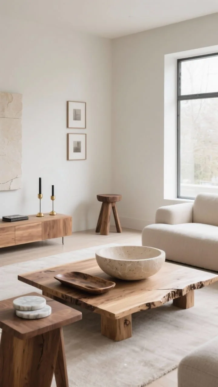 Wide room shot: Minimalist living area warmed by natural materials, oak coffee table with a live-edge tray, a hefty creamy travertine bowl as the anchor object, marble coasters on a walnut side table, and matte metal accents: brushed brass and blackened steel candleholders and simple frames on the wall; ash wood stool used as a pedestal for height; neutral palette with creamy stone tones and warm woods; balanced vignette layering around the anchoring stone bowl; soft, indirect daylight from large windows, no bright colors; photographed from a corner angle to capture material interplay and scale.