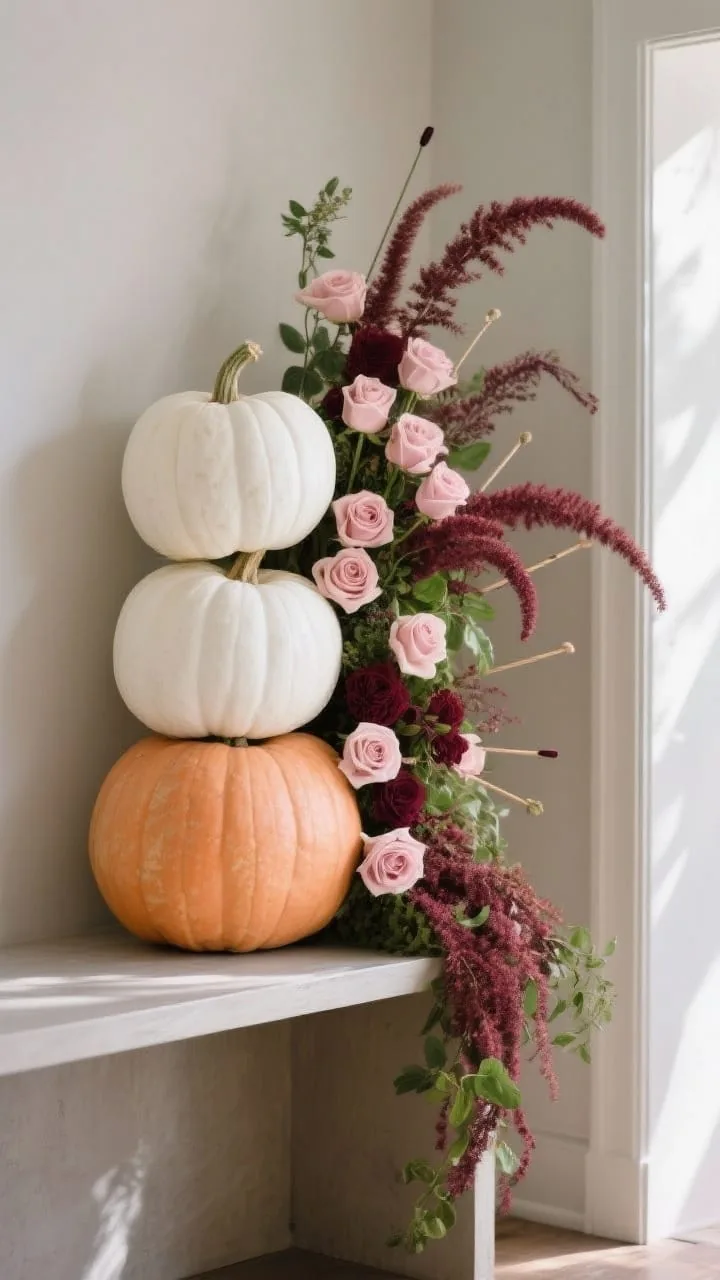 Stacked pumpkins with cascading florals