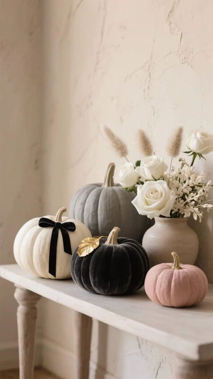 Painted pumpkins with neutral floral cluster
