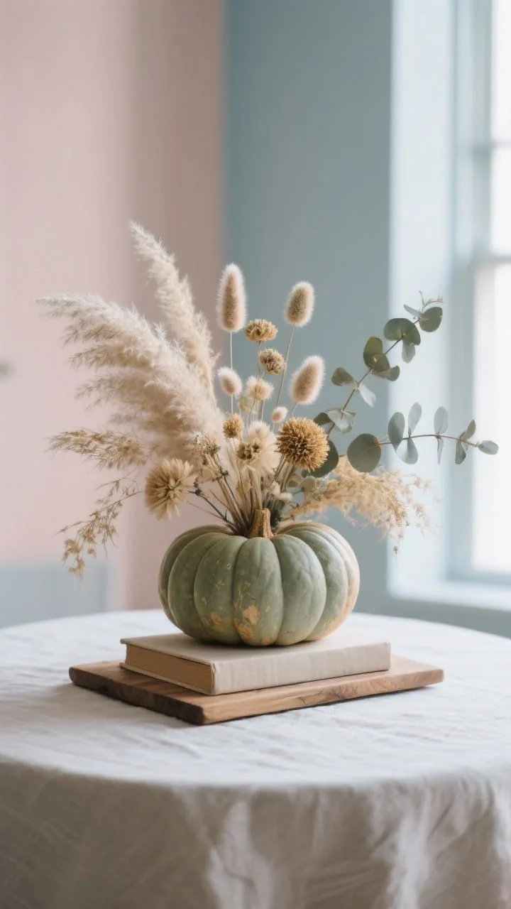 Dried florals in heirloom pumpkin centerpiece