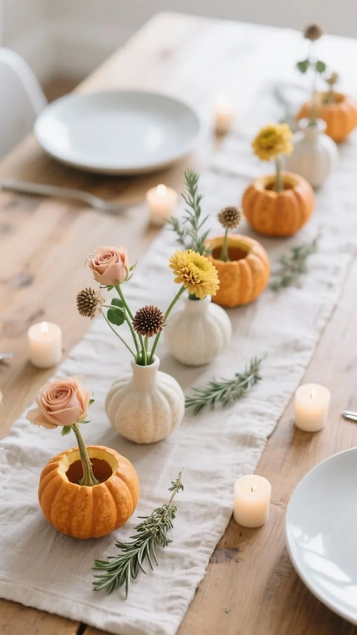 Mini pumpkin bud vases on a fall tablescape