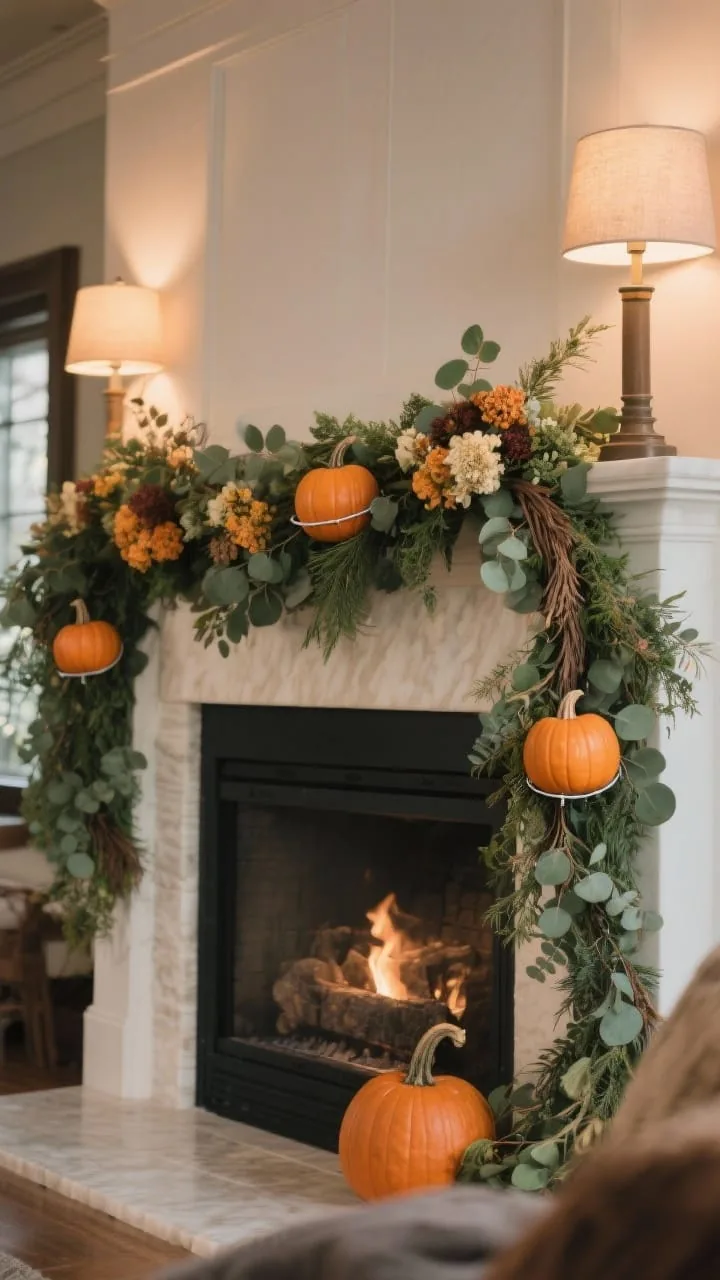 Mantel garland with pumpkin pockets and florals
