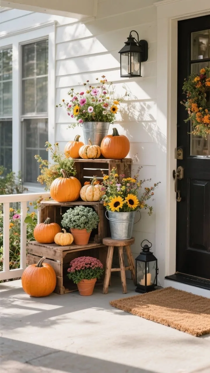 Outdoor porch pumpkin cluster with wildflower vibes
