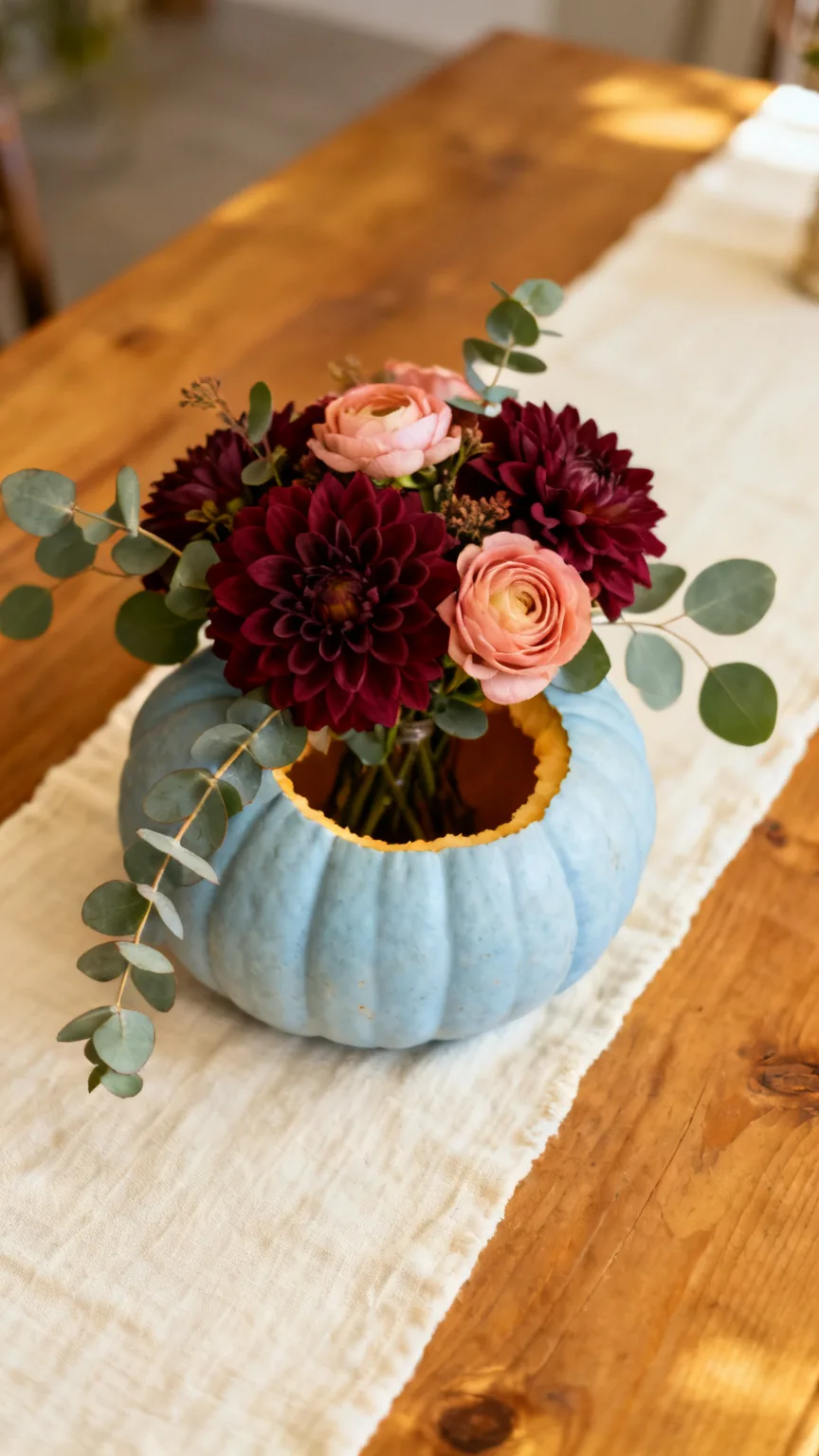 Pumpkin centerpiece with dahlias and eucalyptus