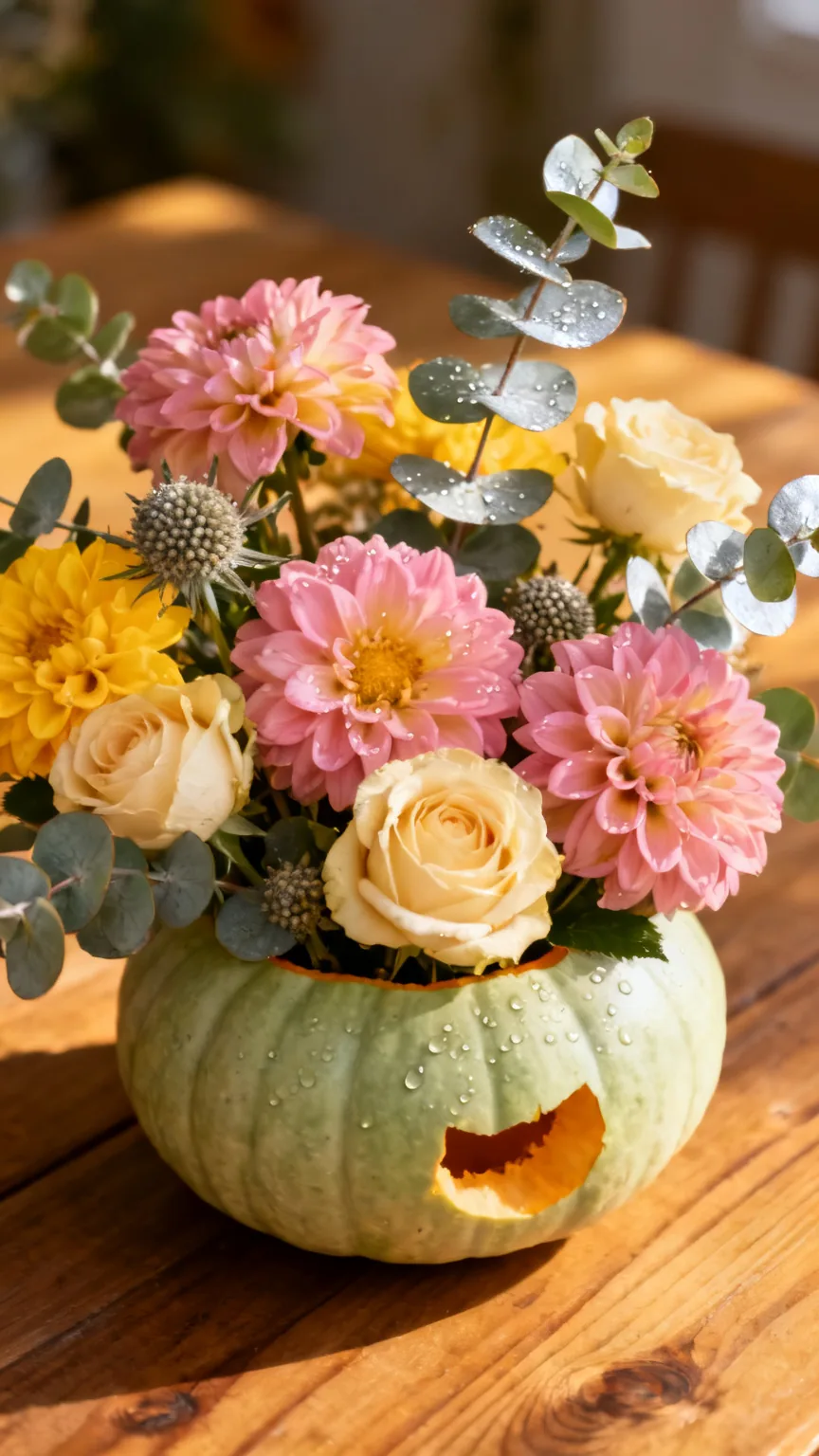 Hollowed pumpkin used as a flower bowl