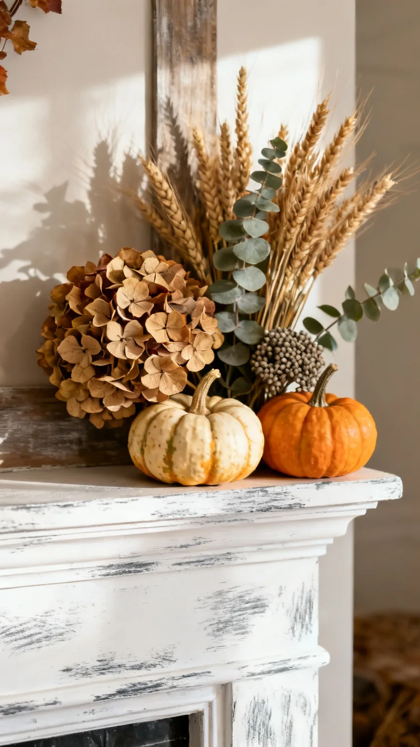Mantel display with pumpkins and dried florals