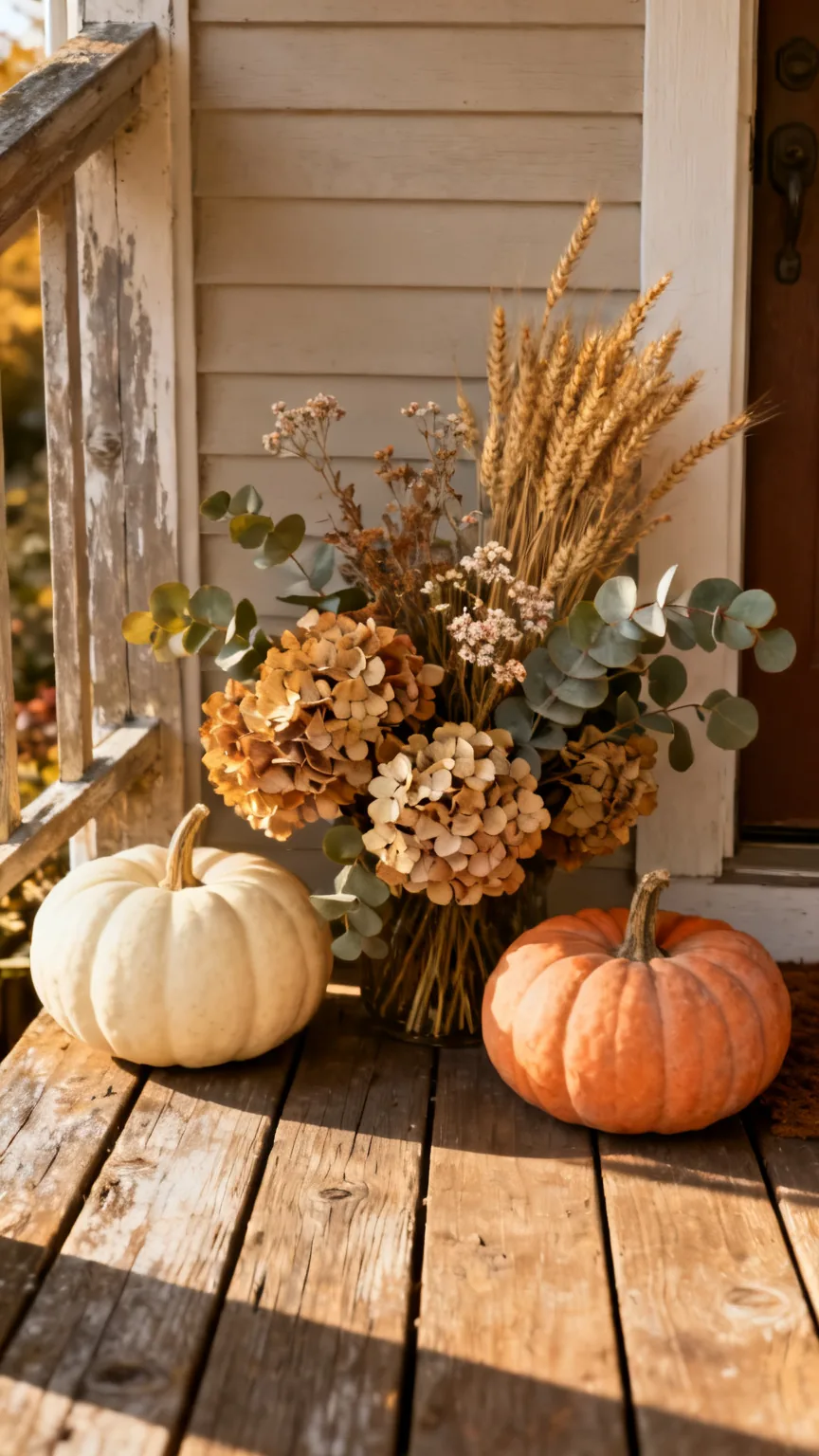 Doorstep pumpkin and floral welcome arrangement