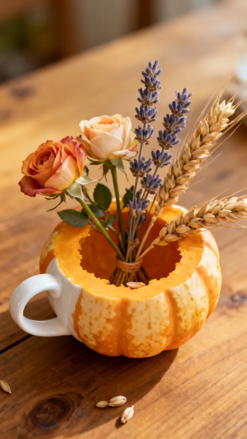Mini pumpkin teacup bouquet centerpiece