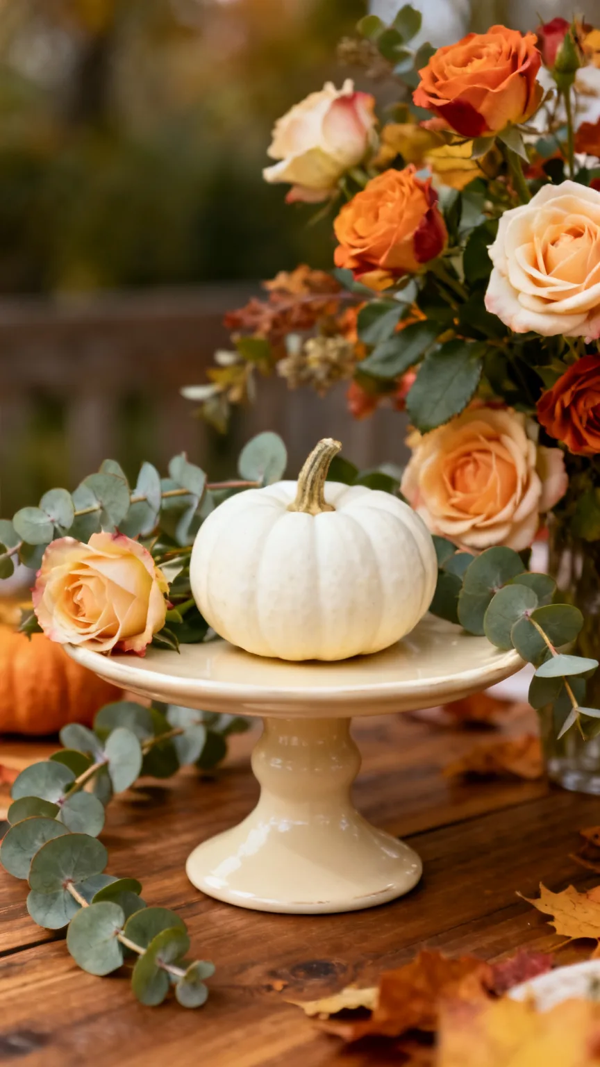 Pumpkin cake stand display with florals