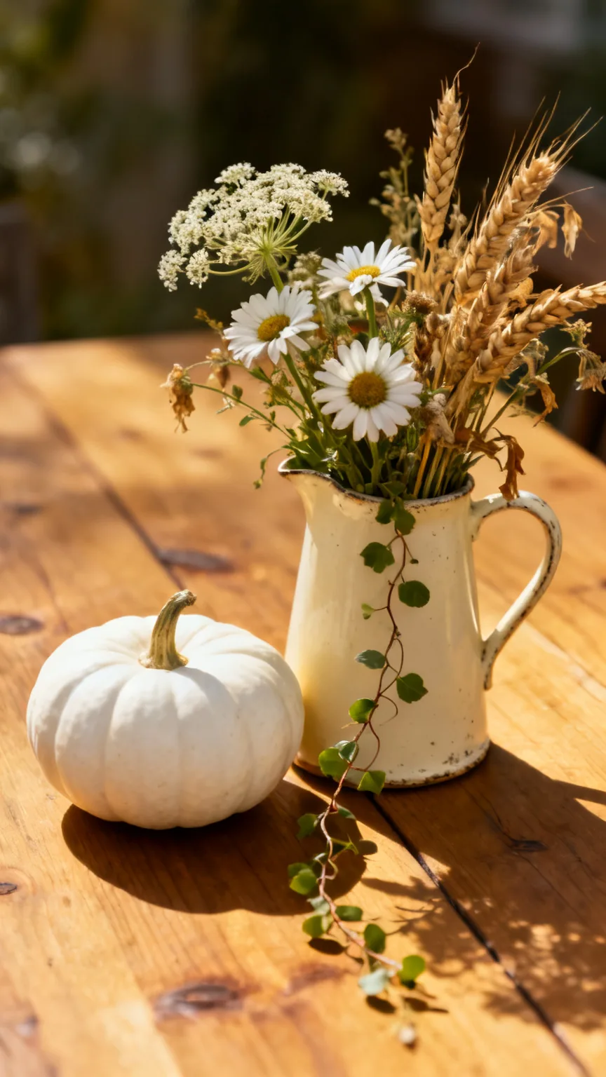 White pumpkin and wildflower arrangement
