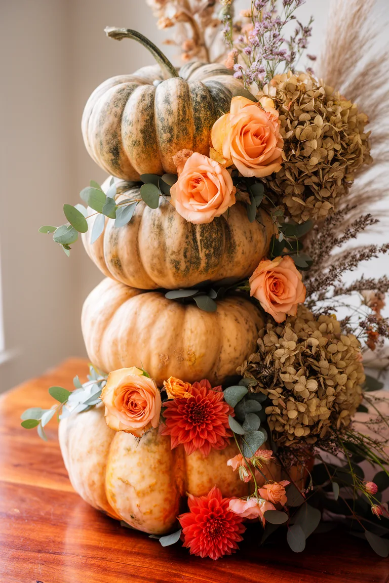 Stacked pumpkins with cascading florals variation 1