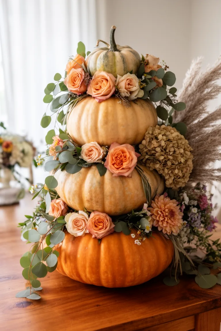 Stacked pumpkins with cascading florals variation 2