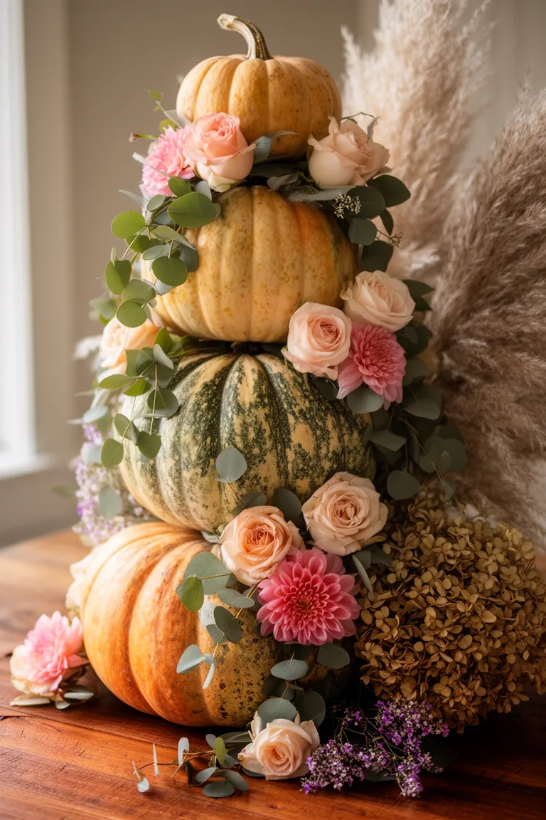 Stacked pumpkins with cascading florals variation 3
