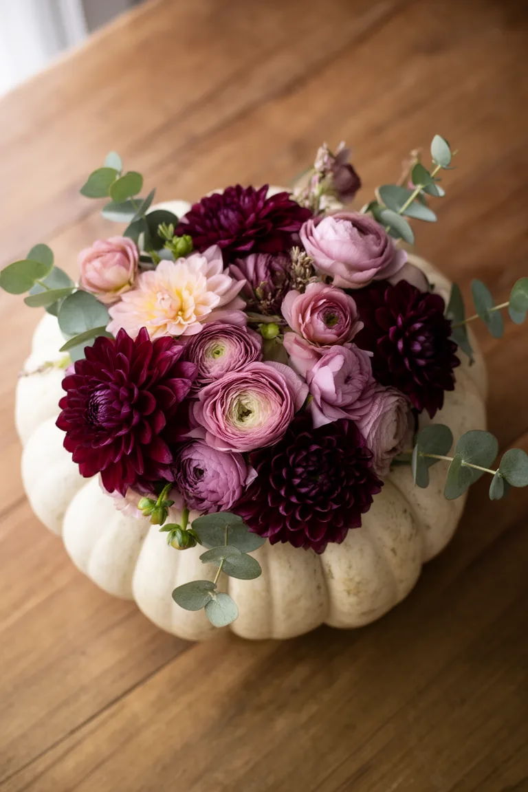 Pumpkin centerpiece with dahlias variation 4