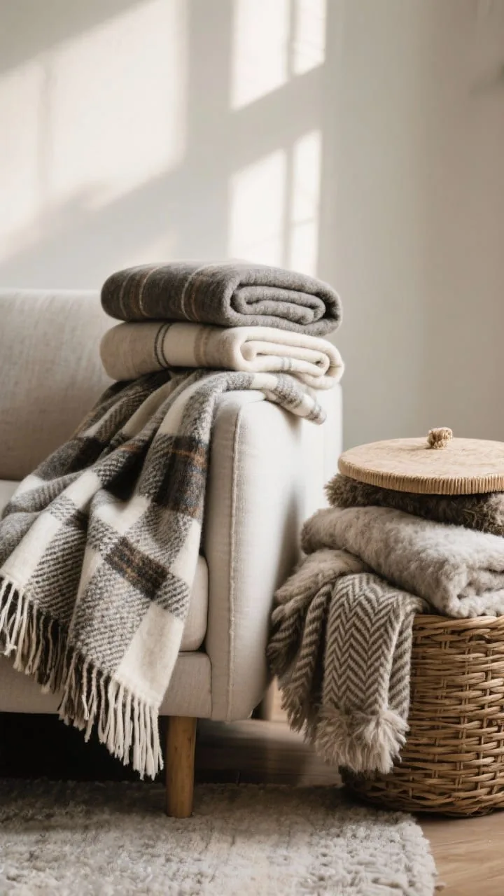 Closeup detail of throws styled three ways: the casual drape over a sofa corner, a neatly folded-and-hung throw over an arm, and a lidded basket on the floor filled with extra blankets; materials include wool, cashmere blend, heavy cotton, and faux mohair in herringbone and plaid patterns; soft, cozy morning light emphasizing weave and fringe details.