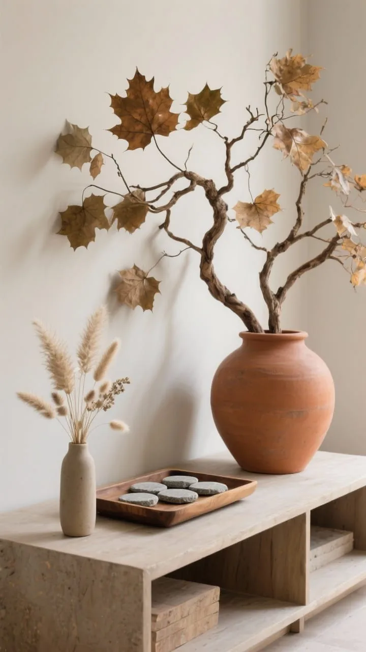 Medium shot of a console vignette bringing in nature: oversized maple and oak branches with organic movement in a large terracotta vessel, a wooden tray holding stone coasters, and a small cluster of dried florals, pampas and bunny tails, in a slim ceramic bud vase; neutral palette with earthy textures; gentle, diffused daylight highlighting natural materials; photorealistic.