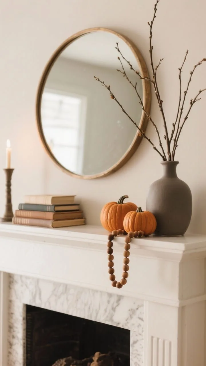 Straight-on medium shot of a curated fall mantel or focal shelf: a large round mirror as the anchor, asymmetrical styling with stacked books and a candle on one side and a vase of tall branches on the other; restrained seasonal accents, two matte ceramic mini pumpkins and a strand of wood beads; clean, uncluttered composition with warm ambient lighting.